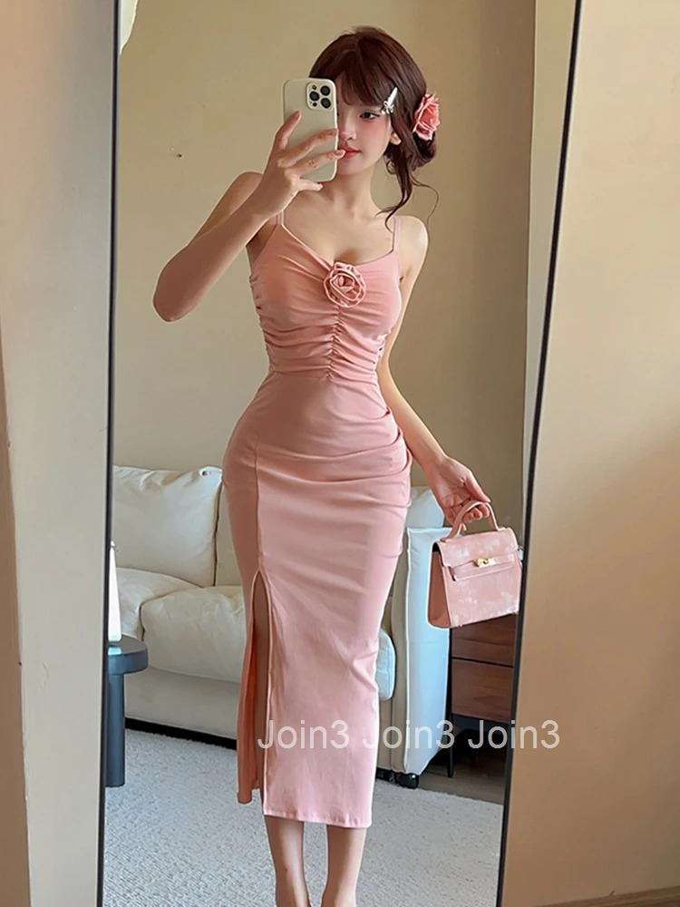 Women Clothes Y2K Solid Sexy Strap Backless Skinny Midi Pencil Dress Elegant Fashion Evening Party Club Prom Vestidos Robe New