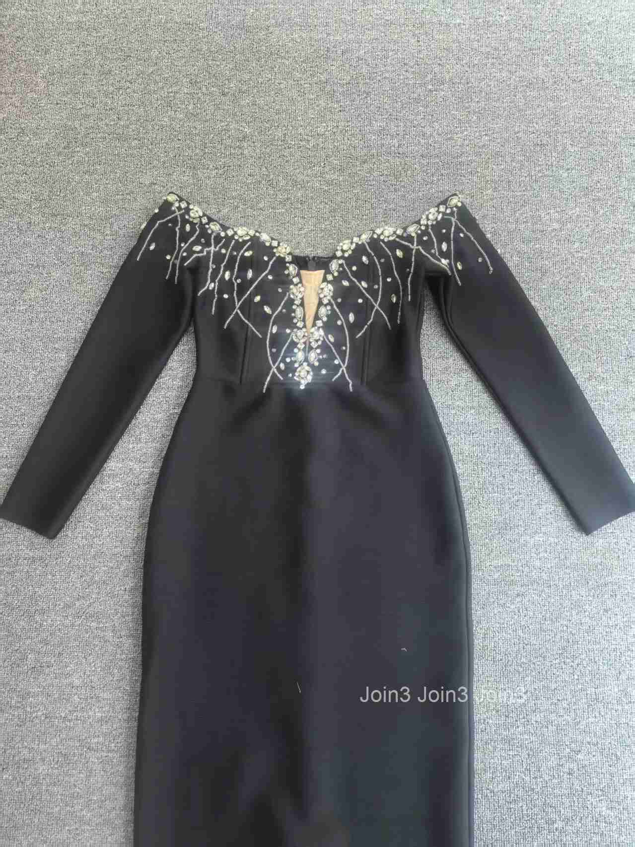 Best-Selling Sexy Black Long-Sleeve Rhinestone Fitted Off-Shoulder Dress for Annual Party Evening Gala Banquet