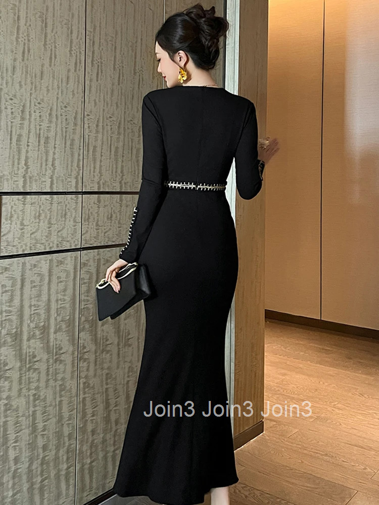 Women Clothes Vintage Black V-Neck Skinny Folds Long Fishtail Dress Elegant Party Vestidos Robe Fashion Autumn Winter Casual New