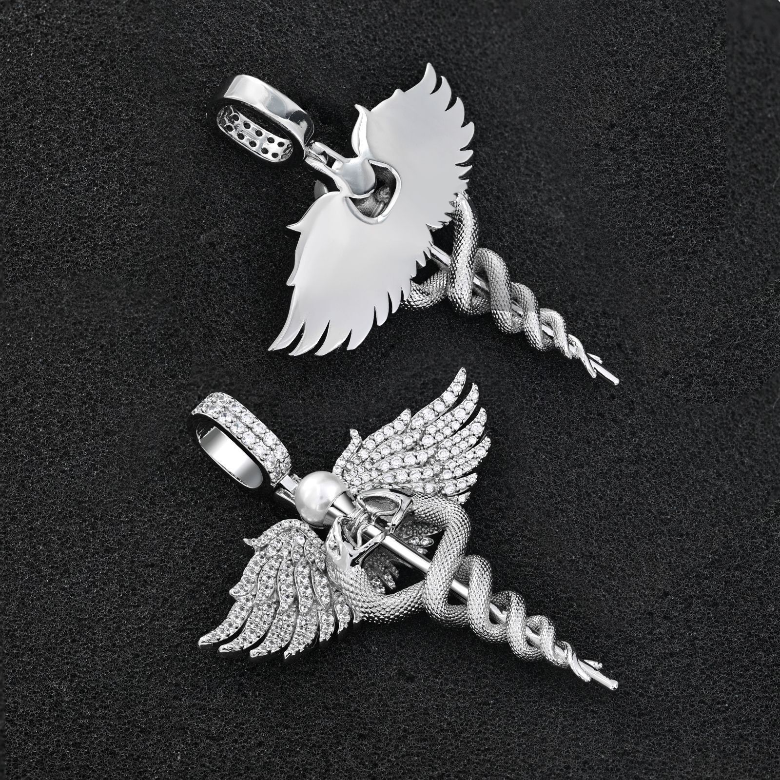 Luxury Hip Hop Moissanite Angel Wings Necklace with Diamond Inlaid Goddess Wings Pendant Golden Snake Design Personalized Men's Jewelry Pass the 