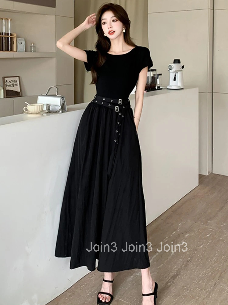 Summer Black Simple A-Line Long Dress Women Elegant Casual O-Neck Short Sleeve Slim Belt Maxi Robe Femme Vestidos Street Clothes