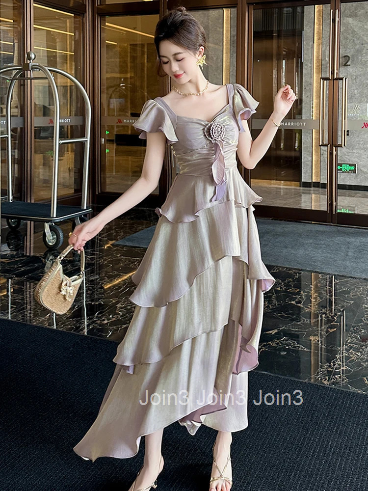 New Sweet Ruffle Square Collar Gown Evening Dress Women Vacation Clothes Short Sleeve A-Line Maxi Long Robe Party Prom Vestidos