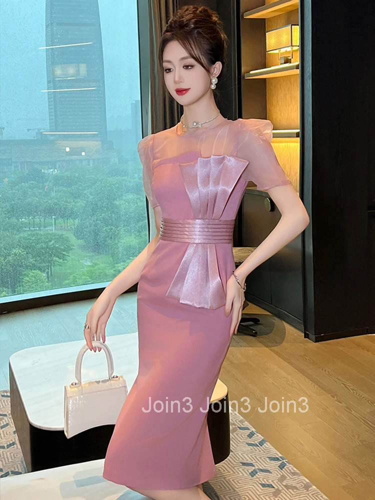Summer Fashion Solid Formal Occasion Evening Dress Women Clothes Elegant Office Sexy Puff Sleeve Slim Midi Party Prom Vestidos