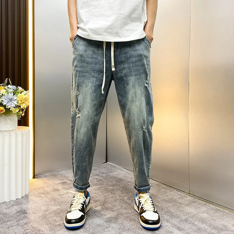 Vintage Mens Loose-fit Harem Jeans Youthful Summer Style Nine-point Hole Ripped Jeans Casual Scene Fashionable Trend 250618