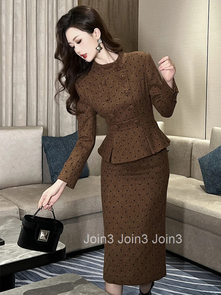 Women Clothes Retro Tweed Formal Occasion Fake 2-Piece Dot Double Breasted Ruffle Slim Midi Pencil Dress Elegant Vestidos Casual