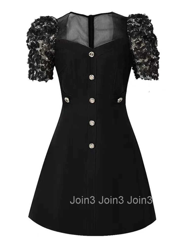 New Summer Fashion Black Retro Square Collar A-Line Short Dress Women Clothes Elegant Puff Sleeve Slim Party Prom Vestido Fiesta