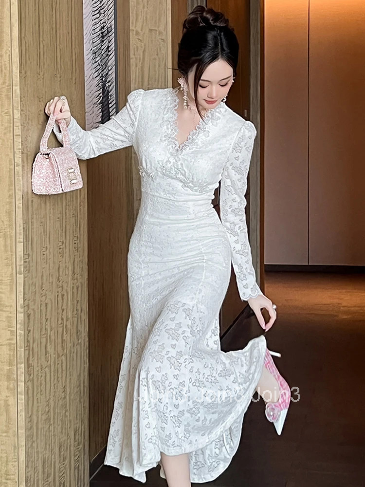 Women Clothes Sweet White Lace Print V-Neck Slim Fishtail Long Dress Elegant Fashion Party Prom Vestidos Robe Autumn Winter New
