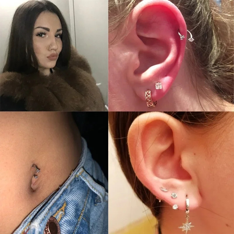 1PC Stainless Steel Crystal Hoop Ring Piercing Nose Ear belly Men Cartilage Helix Earrings Daith Jewelry 250613