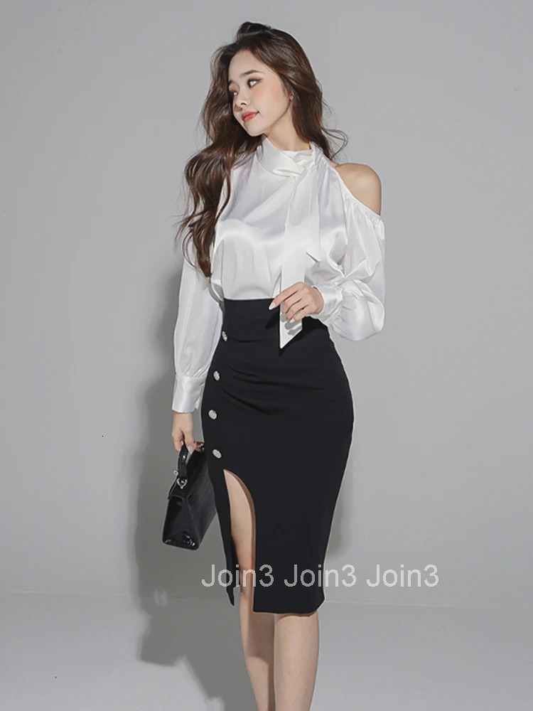 New Arrival Work Style Women Sets Off Shoulder Loose White Shirt And Slim Sexy Pencil Skirt Elegant Formal Two Pieces Women Sets