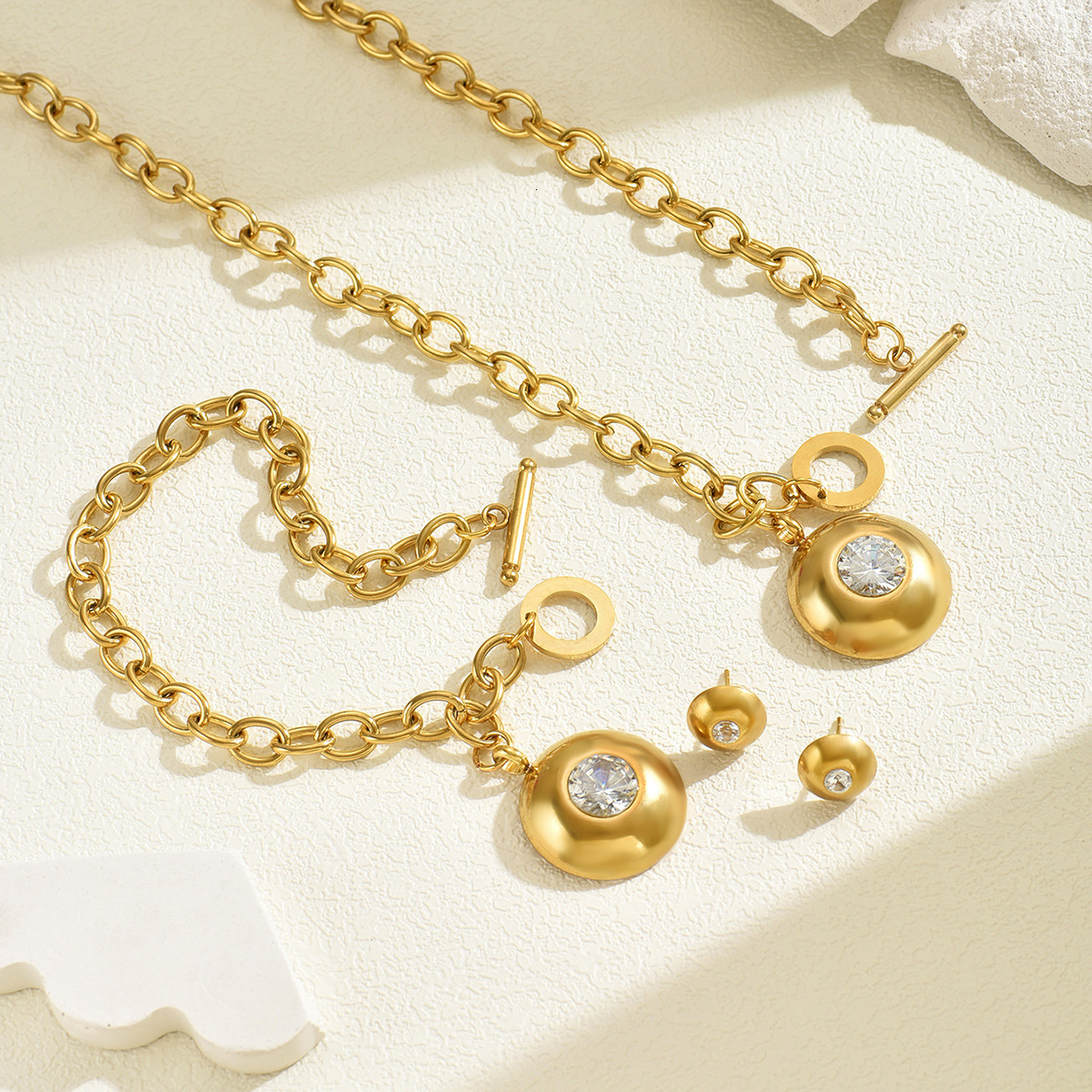 Women's Style Earrings Necklace Set Personality Geometric Circle Zircon Inlaid Design Bracelet Jewelry