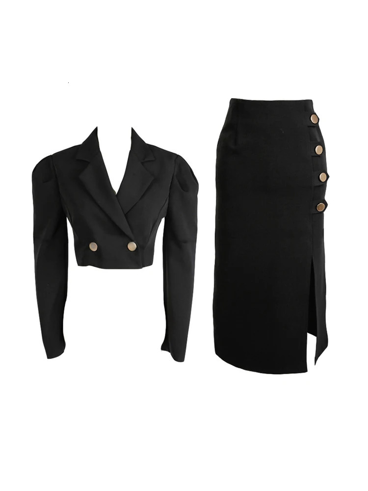 Fashion Spring Autumn Black Formal 2 Pieces Outfit Short Set Women Clothes Office Cropped Tops Coat Blazer Slit Midi Skirt Suits