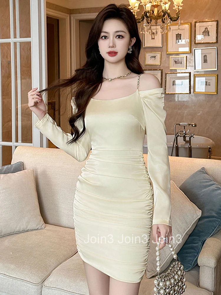 Women Clothes Satin Solid Sexy Strap Off-Shoulder Slim Mini Short Dress Elegant Evening Party Prom Vestidos Casual Fashion New