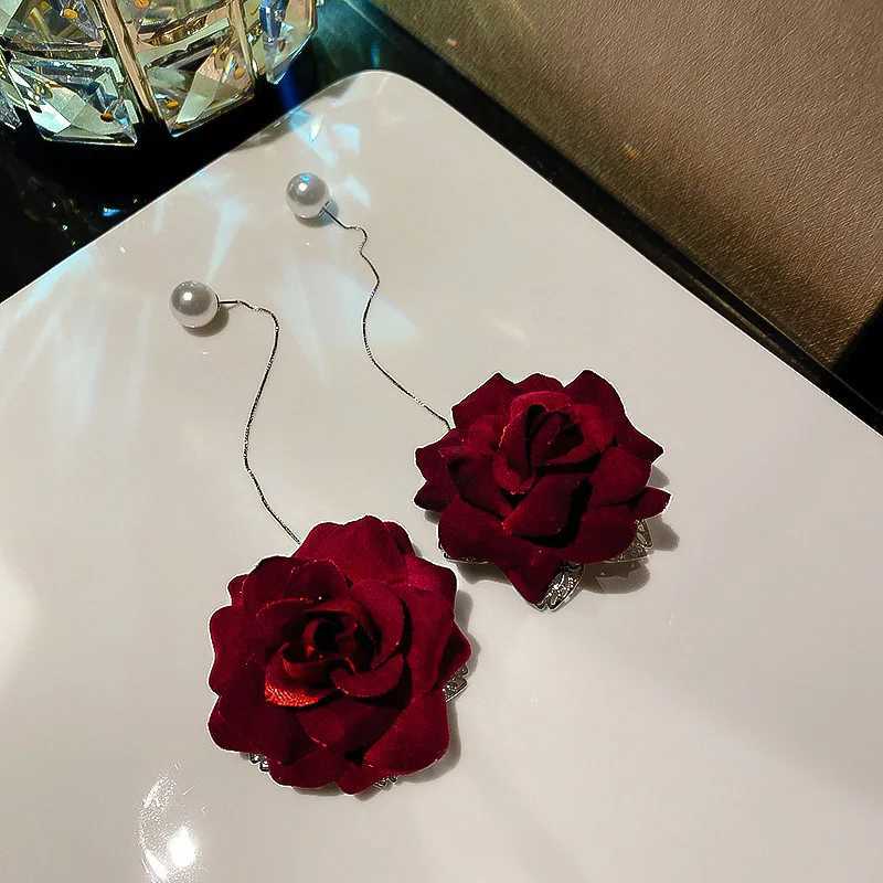 Dominate Big Rose Tassel Drop Earrings for Women Temperament Red Flower Simulated Pearl Earrings Girls Wedding Party Jewelry XJ250623
