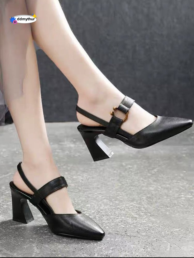 Summer New Women's Casual Square Toe Slingback Sandals with Chunky High Heels Fashionable Leather Shoes ddmythur