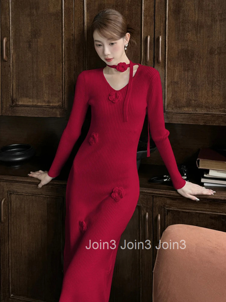 New Fashion Autumn Winter Floral Knitted Stretchy Dress Women Clothes Sweater Casual Solid V-Neck Skinny Midi Robe Mujer Vestido