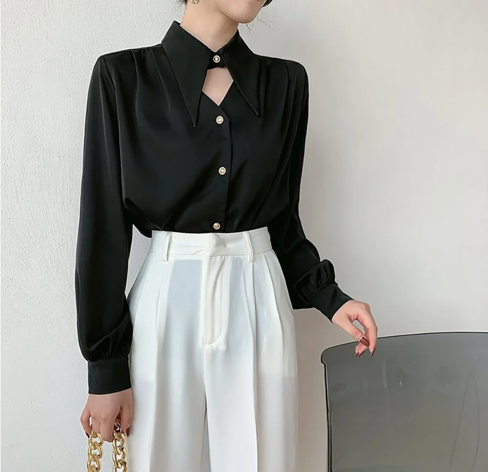 Womens Satin Shirt Spring Autumn Korean Temperament Long-sleeved Button-down Shirts Office Lady Work Wear Female Blouses Top 250617