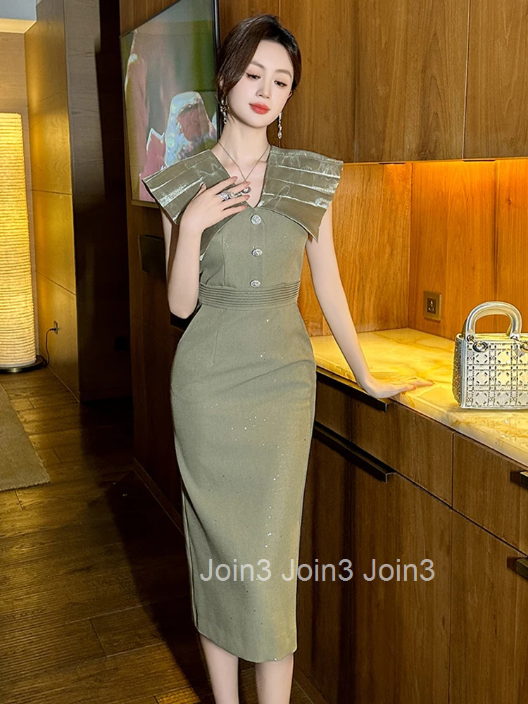 Summer Retro Business Elegant Office Formal Occasion Dress Women Clothes Commute Sweet Sleeveless Slim Midi Pencil Robe Vestidos