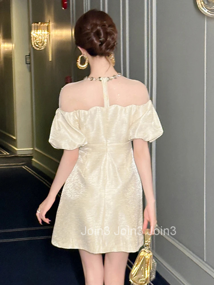 Summer Elegant Luxury Gown Evening Dress Women Clothes Mesh Splic Sheer Sexy Puff Sleeve Slim A-Line Short Party Prom Vestidos