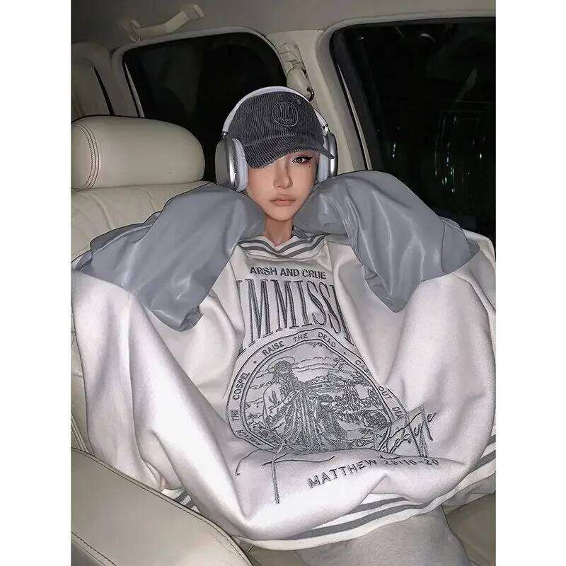 Vintage Embroidery Outerwear Ing Bomber Jackets Traf Varsity Jacket Baseball Uniform Color Contrast Couple Coat For Women