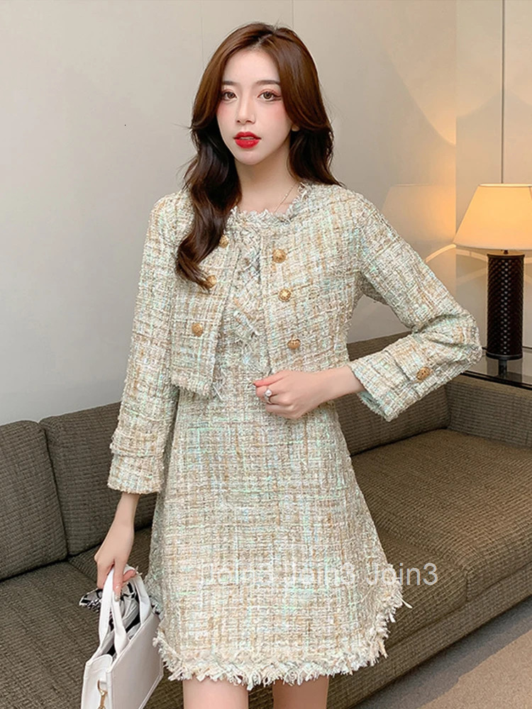 New Tweed 2 Pieces Outfits Women Ladies Vintage Short Coat Jacket Outwear And Sleeveless Slim Mini A-line Short Dress Mujer Set