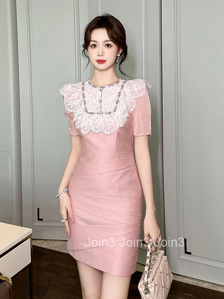 New Summer Fashion Pink Sweet Elegant Luxury Evening Dress Women Clothes Lace Splic Short Sleeve Slim Party Prom Vestidos Fiesta