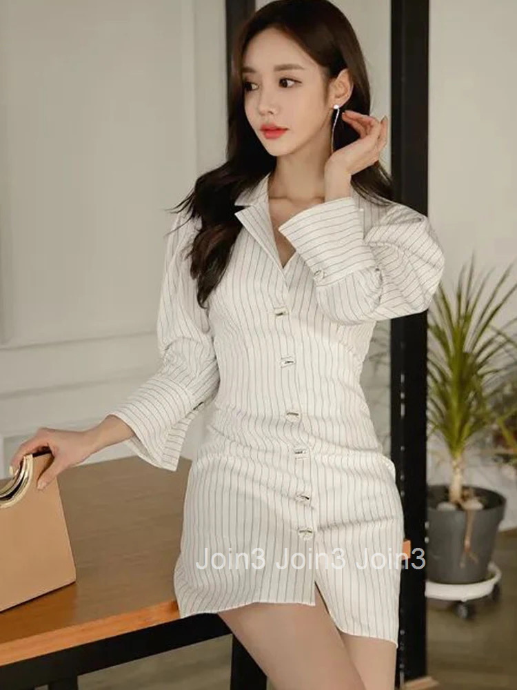 Fashion Lady Work Style Formal Pencil Dress Women Clothes Elegant Office Vintage Striped Puff Sleeve Slim Mini Short Vestidos