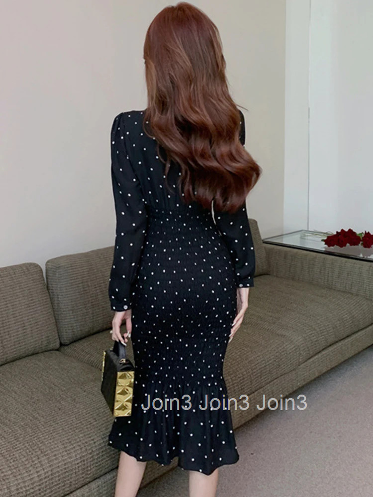New Spring Autumn Women Evening Dress Vintage Black Dot V-Neck Corset Slim Midi Fishtail Party Beach Robe Femme Mujer Vestidos