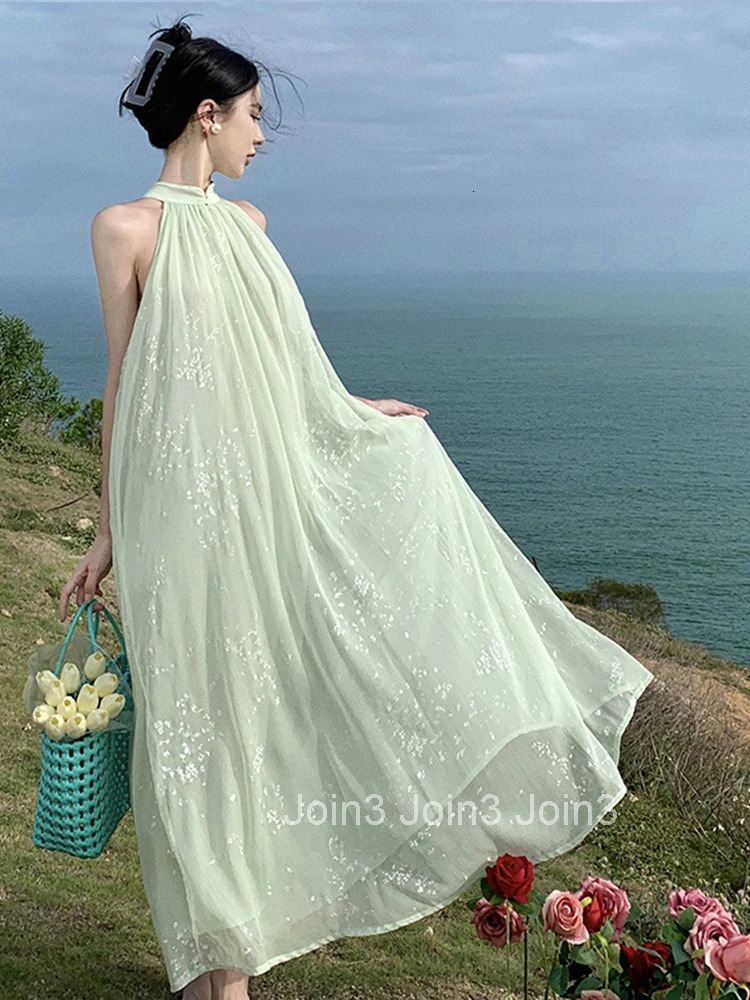 Summer Chiffon Long One Piece Dress Women Vacation Clothes Elegant Pretty Print Sleeveless Loose Maxi Party Robe Mujer Vestidos