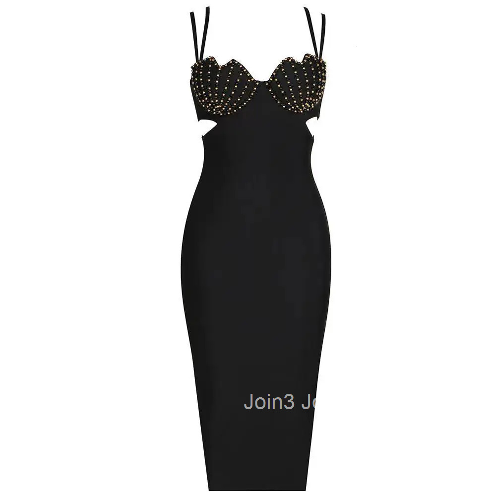 Womens Clothing Hot Sale Fashion Shell Breast Cup Sexy Hollow Bandage Dress 2 Color Sleeveless Beading Lady Bodycon Party Wear
