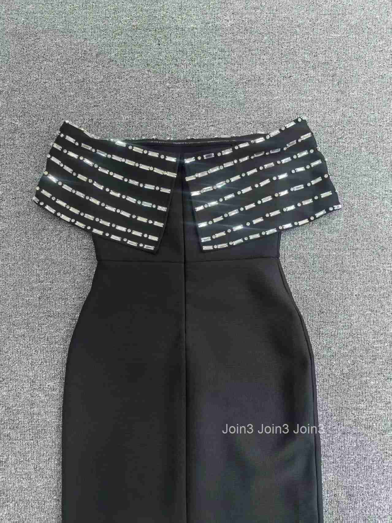 High-End Elegant Womens New Black Crystal Dress Waist-Cinching Sexy Slim-Fit Evening Gown