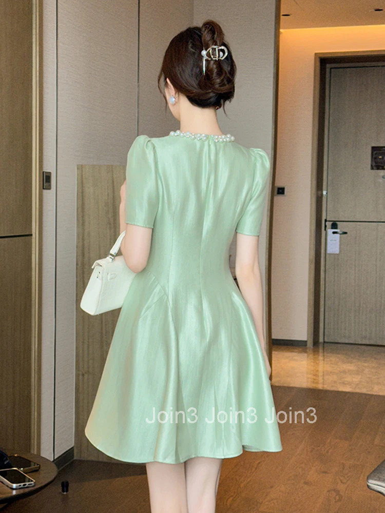 Summer Fashion Elegant Solid Gown Evening Dress Women Clothes Retro Pearl Sexy O-Neck Slim Short A-Line Party Club Prom Vestidos