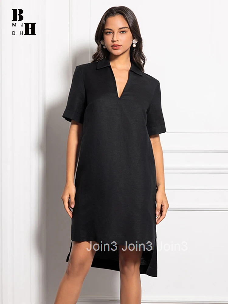 New Summer Lady Work Style Formal Linen Solid Simple Short Dress Women Clothes Elegant Office Commute Short Sleeve Loose Vestido