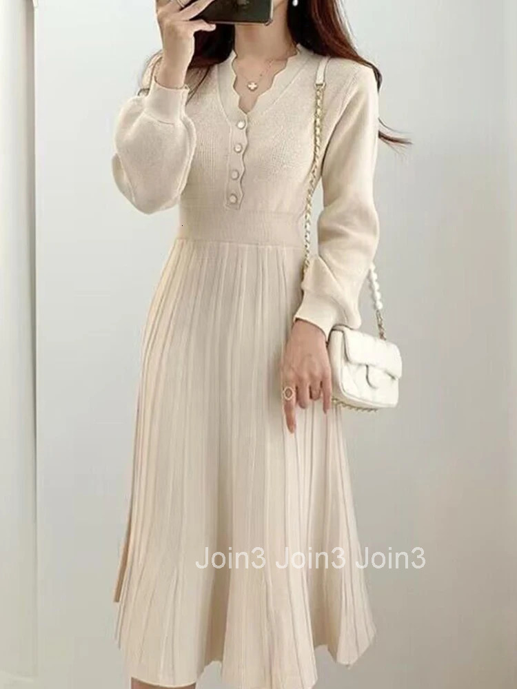 New Fashion Autumn Winter Knitted Long Dress Women Ladies Clothes Sweater Inner-Match V-Neck Slim Midi Mujer Robe Femme Vestidos