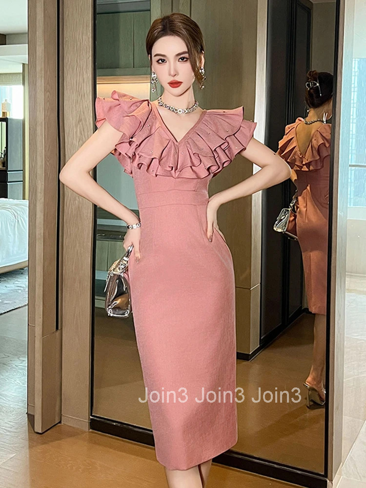 New Elegant Summer Fashion Pink Evening Dress Women Clothing Formal Occasion Sweet Ruffle V-Neck Slim Party Prom Vestidos Fiesta
