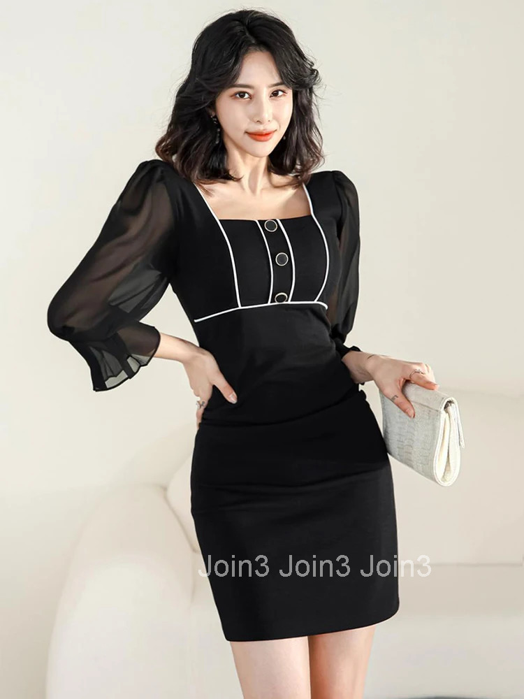 New Summer Elegant Office Women Short Dress Vintage Black Sexy Square Collar Slim Mini Pencil Party Street Clothes Mujer Vestido