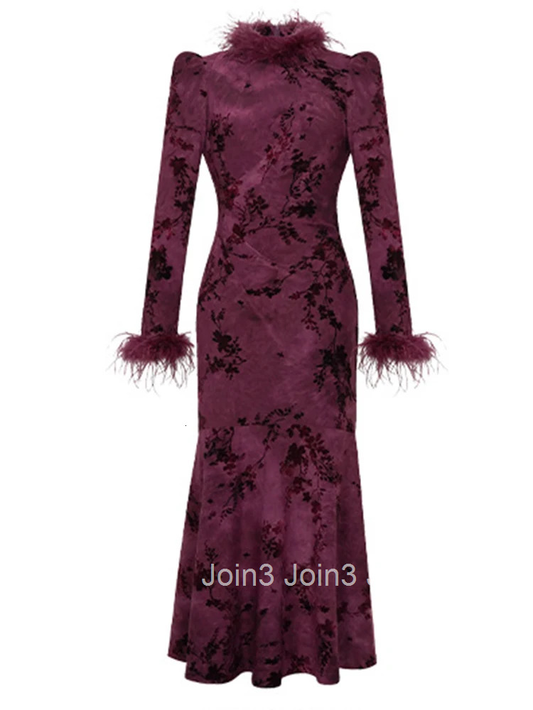 Women Clothes Vintage Purple Floral Feather O-Neck Slim Midi Fishtail Dress Elegant Fashion Party Prom Vestido Autumn Winter New
