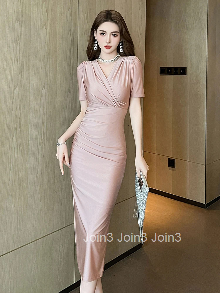 Summer Work Style Formal Business Pencil Dress Women Clothes Mujer Elegant Office Commute V-Neck Folds Party Vestidos Stretchy