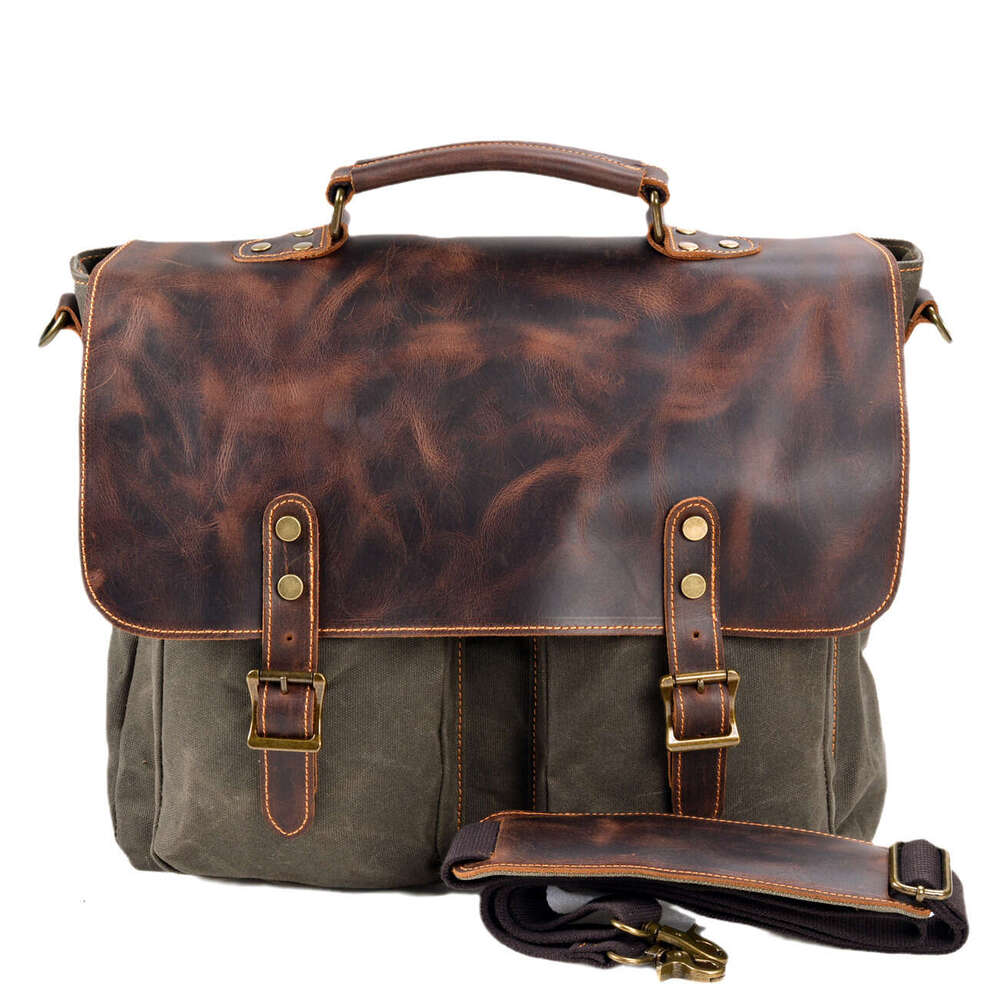 Waterproof Canvas Splicing Genuine Leather Briefcase Handbag Men's Single Shoulder Crossbody 16inch Business Laptop Bag