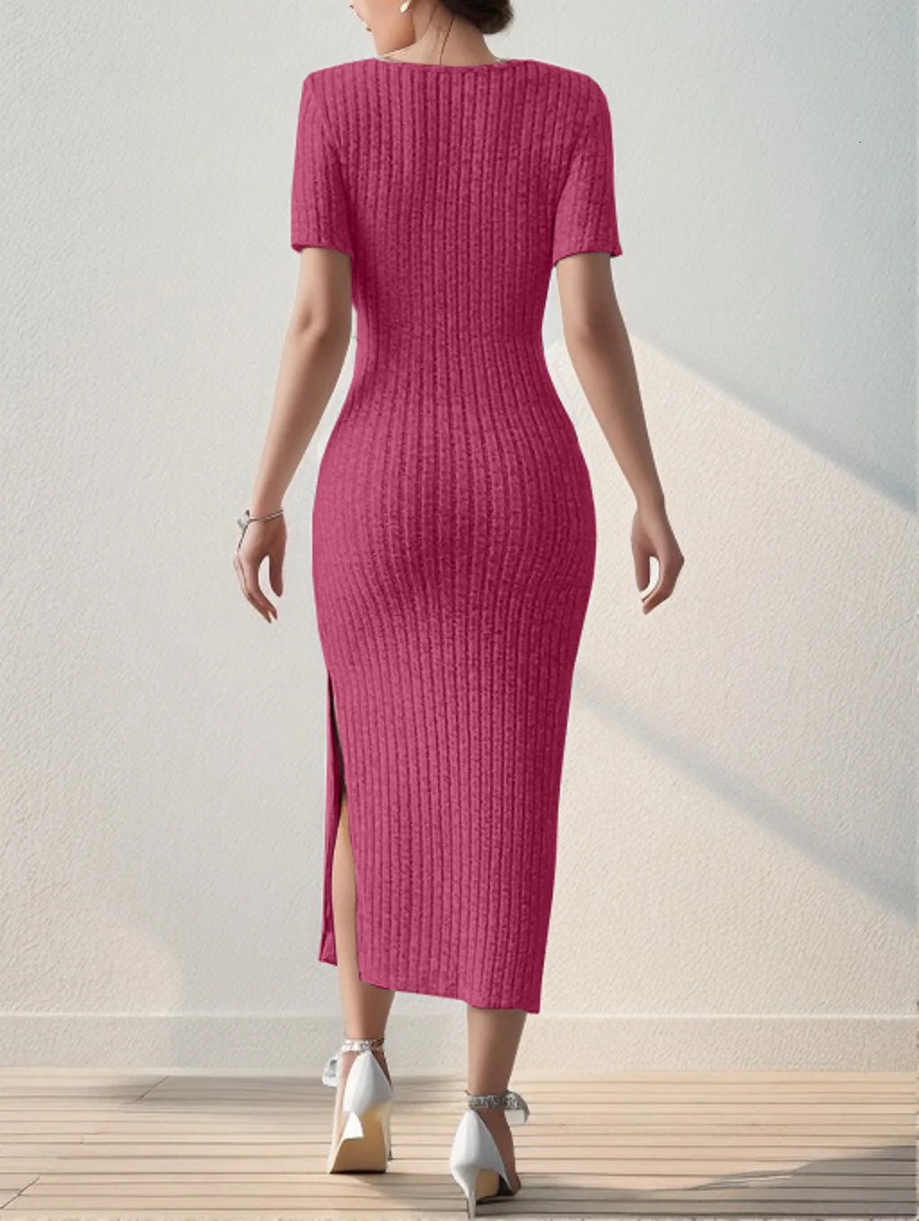 Summer Square Neck HipHugging MidLength Skirt ShortSleeved Versatile Knitted Slit Dress 250616