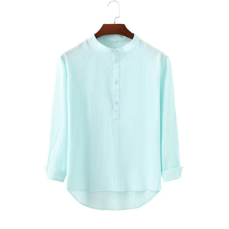 Designer T-shirt men's bamboo joint cotton and linen shirt casual stand-up collar solid color long-sleeved shirt WISH shirt S-3XL (European Size)