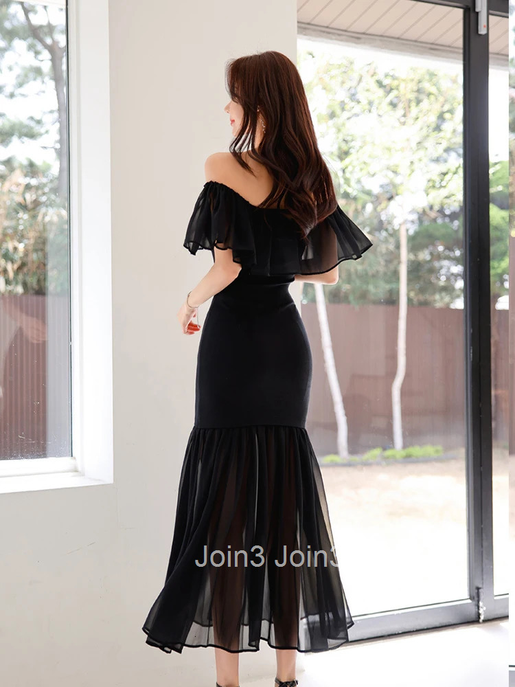 Fashion Lady Black Vacation Evening Dress Women Clothes Elegant Ruffle Sexy Off-Shoulder Slim Long Maxi Party Prom Vestidos Robe