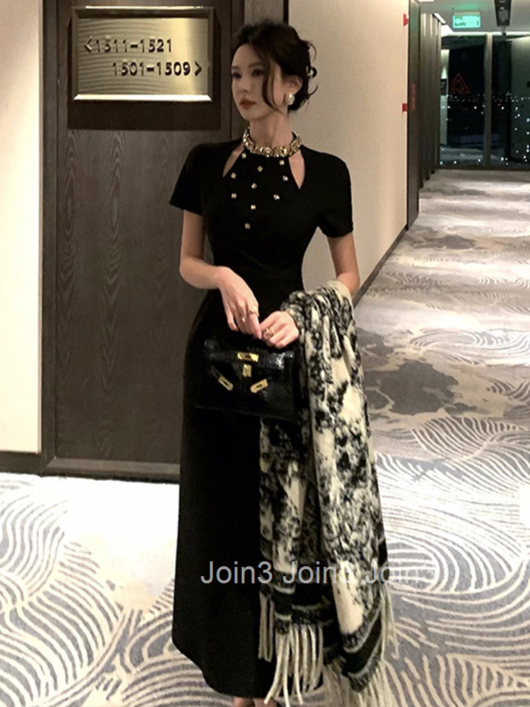 Women Clothes Black Sexy O-Neck Slim Maxi Long Dress Elegant Luxury Fashion Party Prom Vestidos Robe Fashion Formal Occasion New