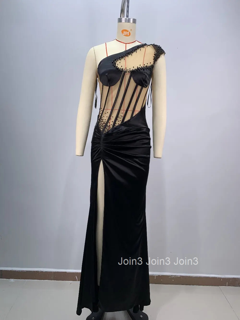 Chic Gauze Splicing Beading Slim Black Long Vestidos Sexy Single Shoulder Sleeveless Slit Pleated Dress For Women 72h Shipment