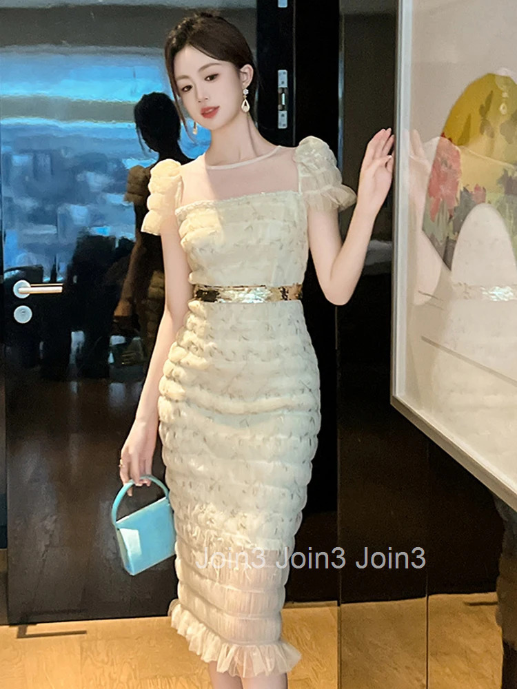 Women Clothes Mesh Embroidery Floral Sexy O-Neck Folds Skinny Evening Dress Elegant Luxury Fashion Party Prom Vestido Casual New