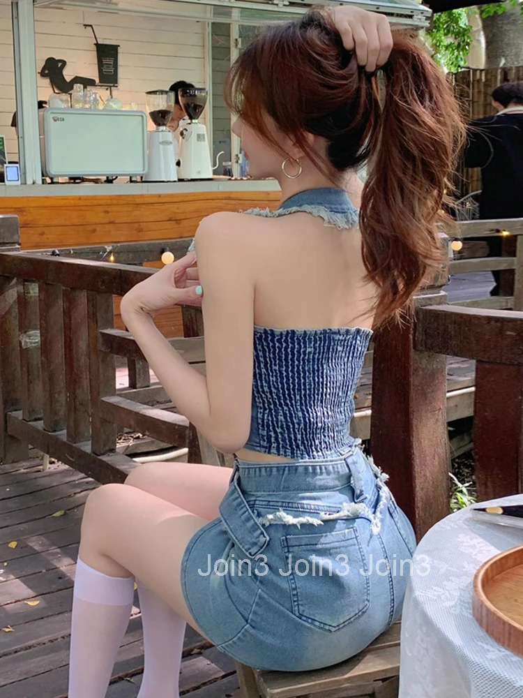Street Clothes Y2K Denim Fashion Summer 2 Piece Outfit Women Sexy Halter Sleeveless Short Cropped Tops Mini Skirt Mujer Slim Set