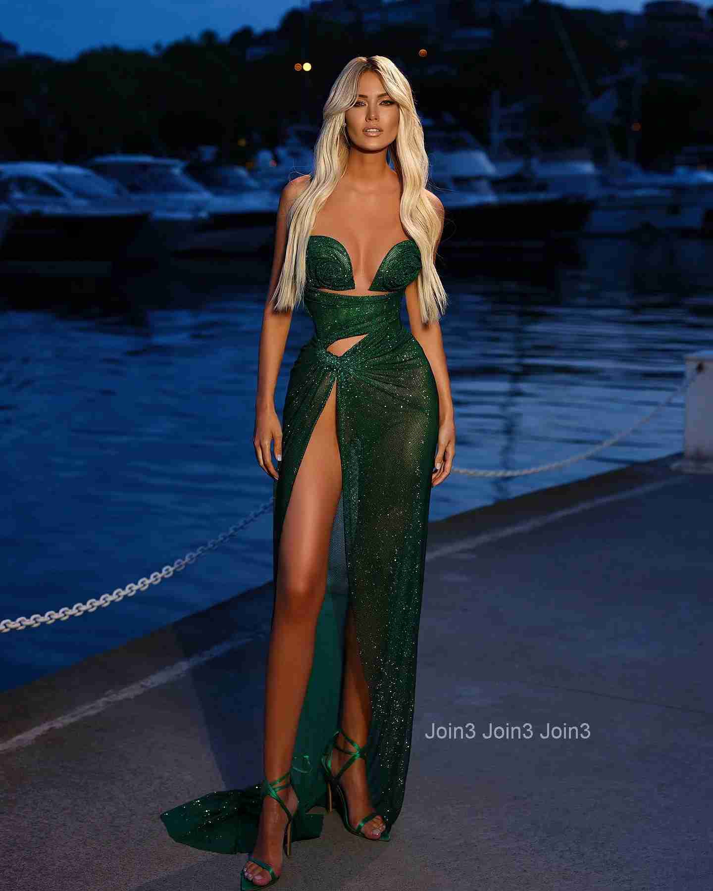 Womens Green Bandage Dress Off-Shoulder Sequin 3D Floral Appliques Cut-Out High Slit Sheer Mesh Evening Gown