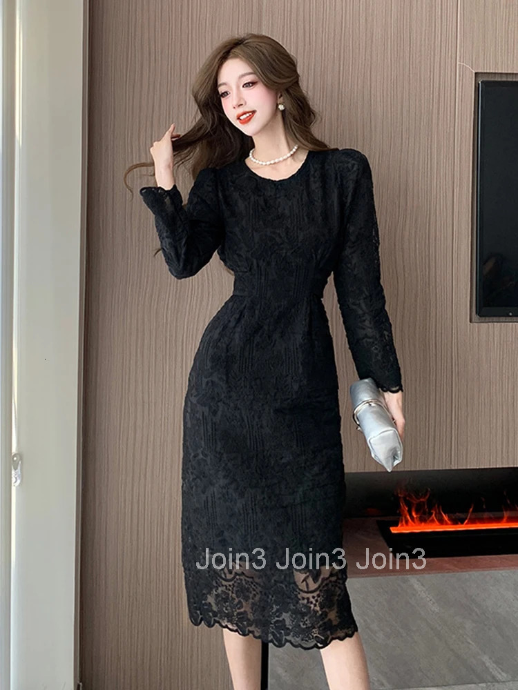 Spring Autumn Fashion Sweet Lace Embroidery A-Line Long Dress Women Clothes Elegant Vintage Puff Sleeve Slim Vestidos Robe Femme