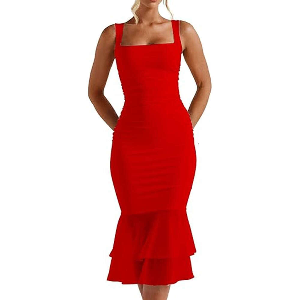 New Double Layer Mesh Patchwork Square Neck Sleeveless Tight Pleated Mermaid Dress B5