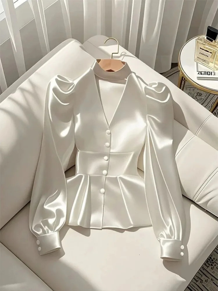 French Elegant Womens Shirt Waist Cinched White Satin Long Sleeve Shirt for Women Temperament Womens Elegant Blouses 250617