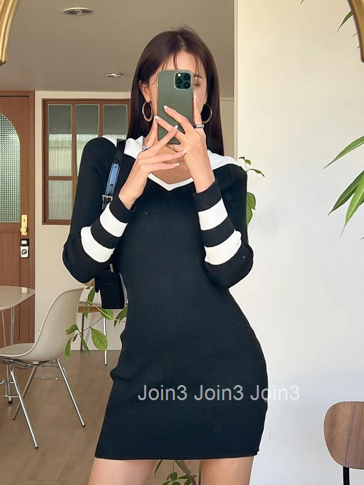 Fashion Ladies Preppy Style Knitted Casual Stretchy Short Dresses Women Clothing Sweater Sexy V-Neck Skinny Mini Dress Vestidos